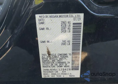 2020 Nissan Altima Sl Fwd from USA, damaged, VIN 1N4BL4EV6LC129428